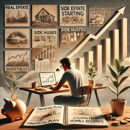 DALL·E 2025-01-03 17.52.33 – A realistic illustration of a person diligently working at a desk, surrounded by symbols of financial growth and consistency. The desk features a note