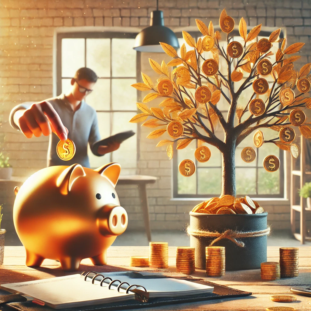 A visually engaging and realistic image that represents the concept of financial discipline and savings. The scene features a person placing a coin in