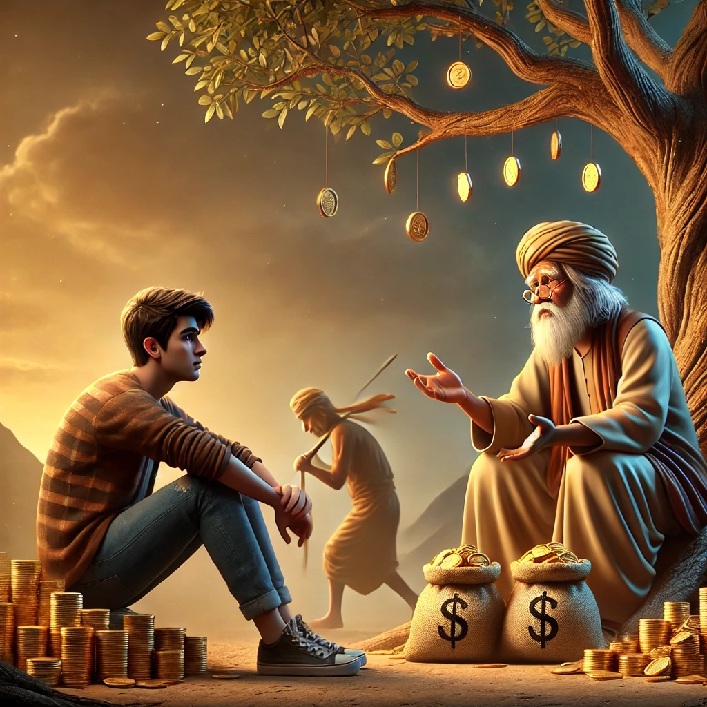 DALL·E 2025-01-14 17.27.02 – A realistic and visually engaging scene that illustrates the concept of financial wisdom through storytelling. A young man is depicted sitting under a