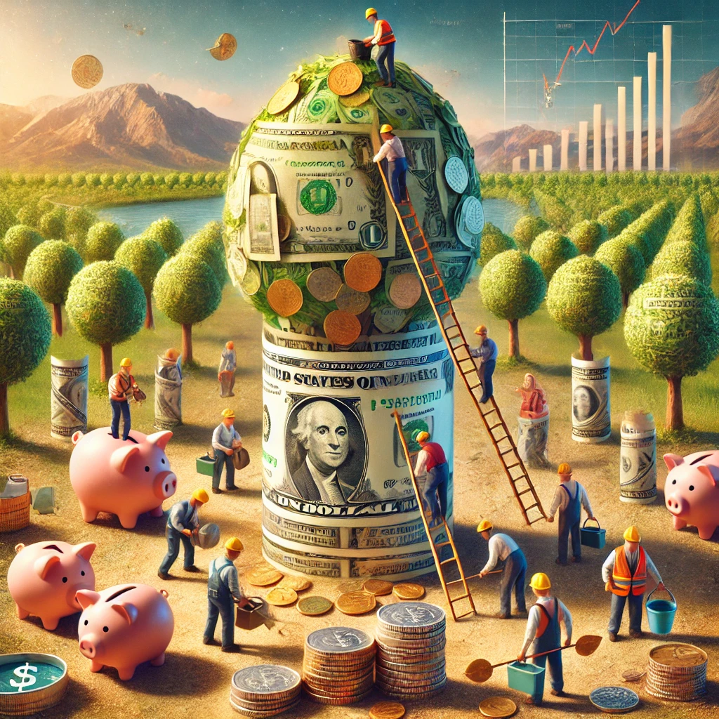 DALL·E 2025-01-14 20.16.55 – A realistic and imaginative illustration showing money as tiny workers. Each dollar bill is personified as a small, industrious worker, wearing constr