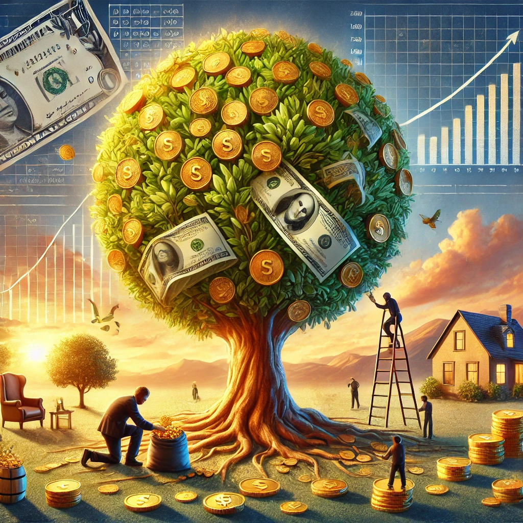 DALL·E 2025-01-14 20.26.30 – A realistic and imaginative illustration emphasizing the concept of money working for you. The central figure is a large, flourishing tree with golden