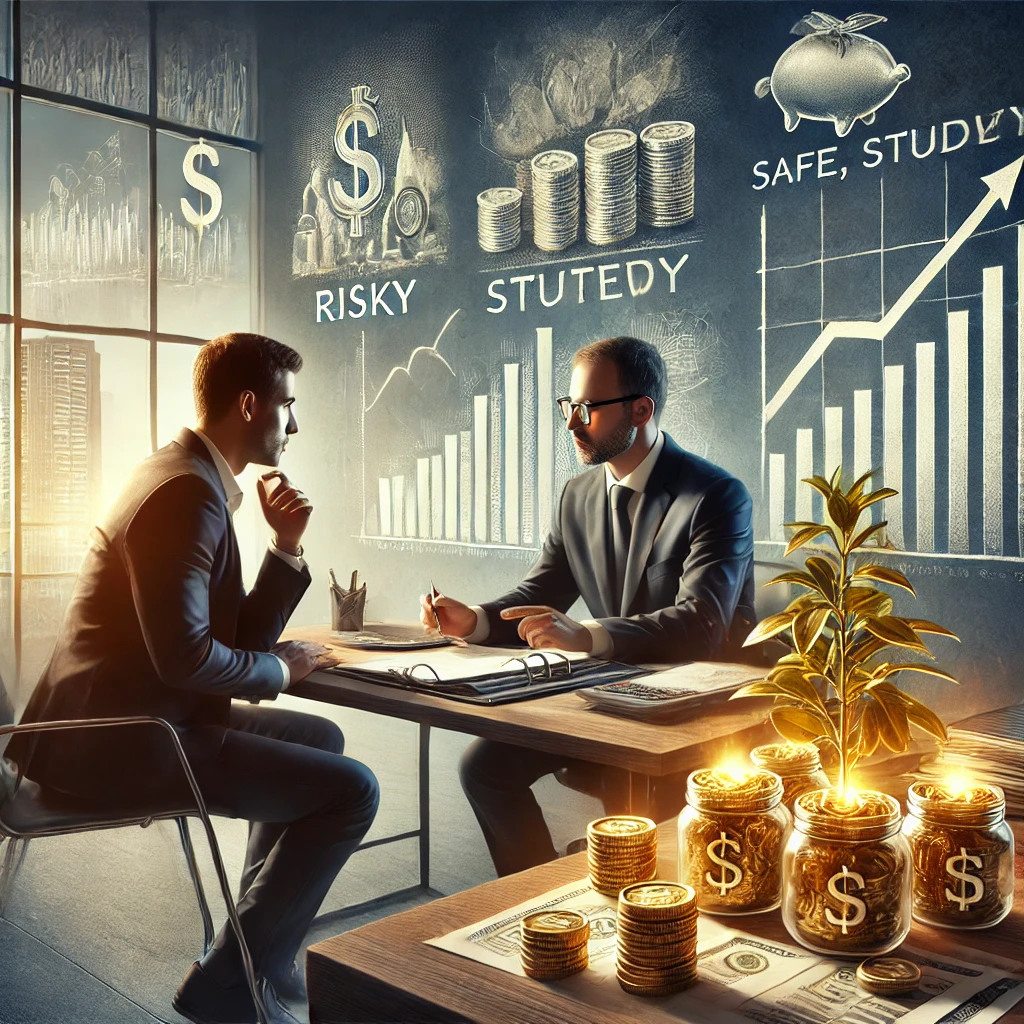 DALL·E 2025-01-14 21.02.12 – A realistic and motivational illustration of a person seeking financial advice from an expert in a professional setting. The scene features a well-dre