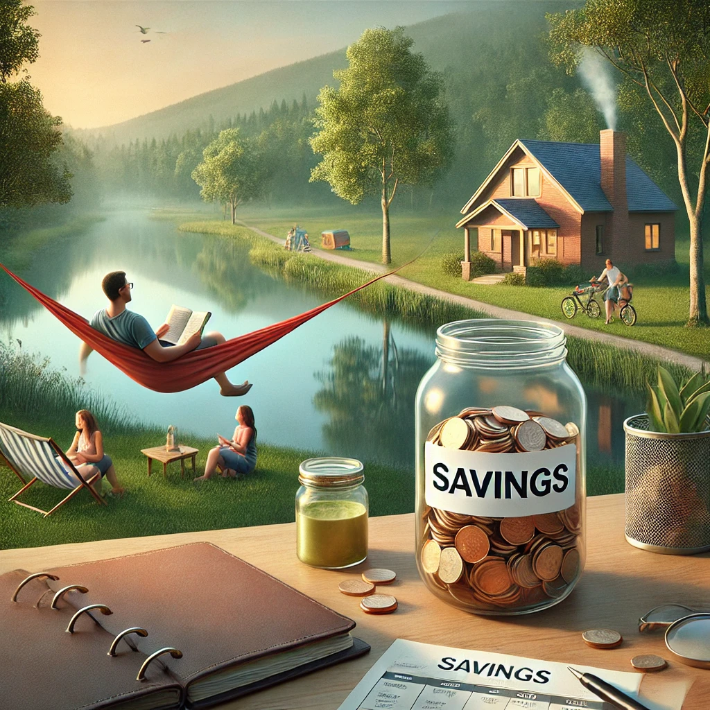 DALL·E 2025-01-14 21.05.31 – A realistic and uplifting illustration portraying the balance of enjoying life while building wealth. The scene shows a serene lakeside setting where