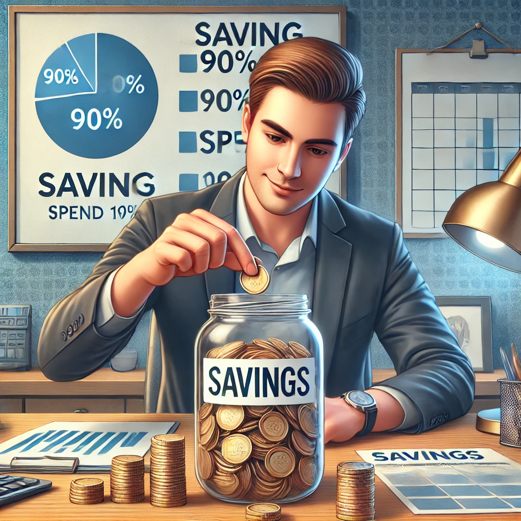 DALL·E 2025-01-14 21.10.38 – A realistic and motivational illustration showing a person sitting at a desk, meticulously placing coins into a glass jar labeled ‘Savings,’ while a p