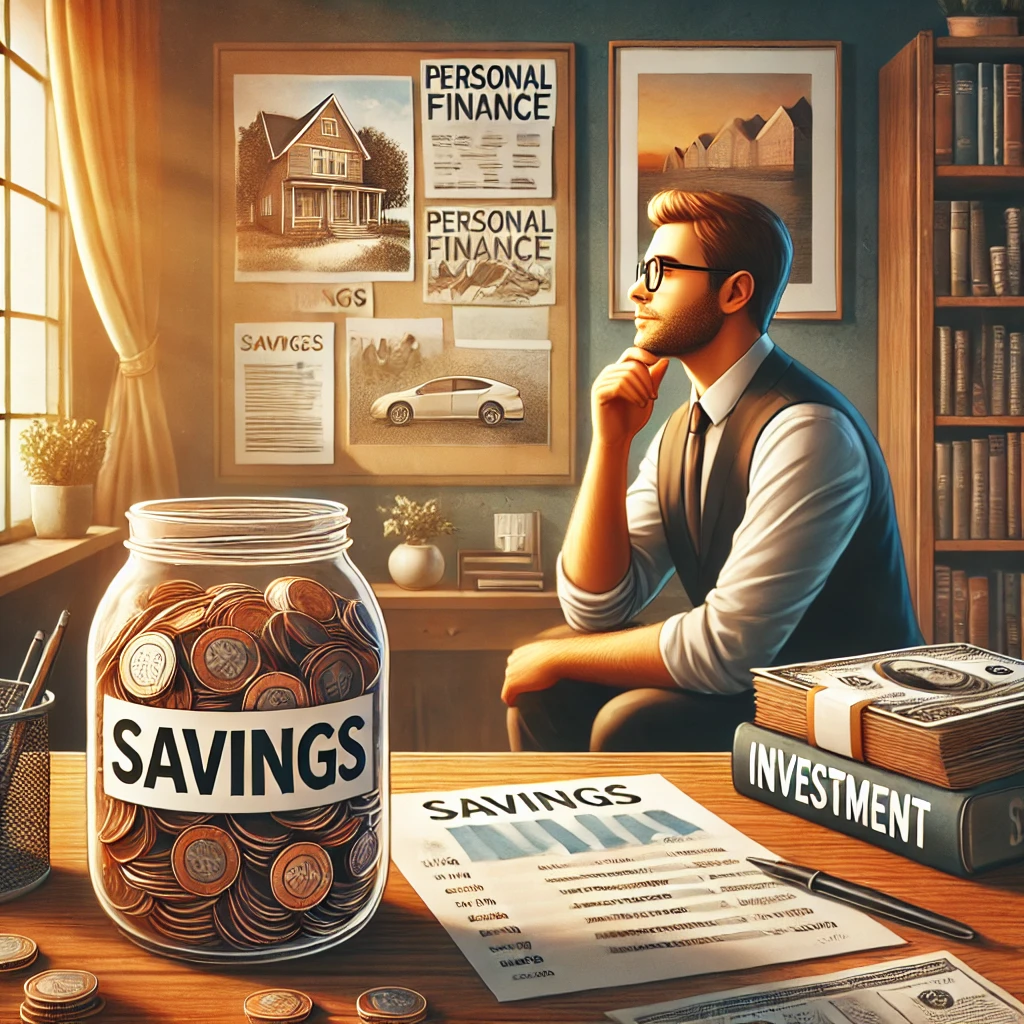 DALL·E 2025-01-14 21.14.23 – A realistic and motivational illustration showing a person sitting at a desk with a jar of coins labeled ‘Savings’ on one side and a stack of investme