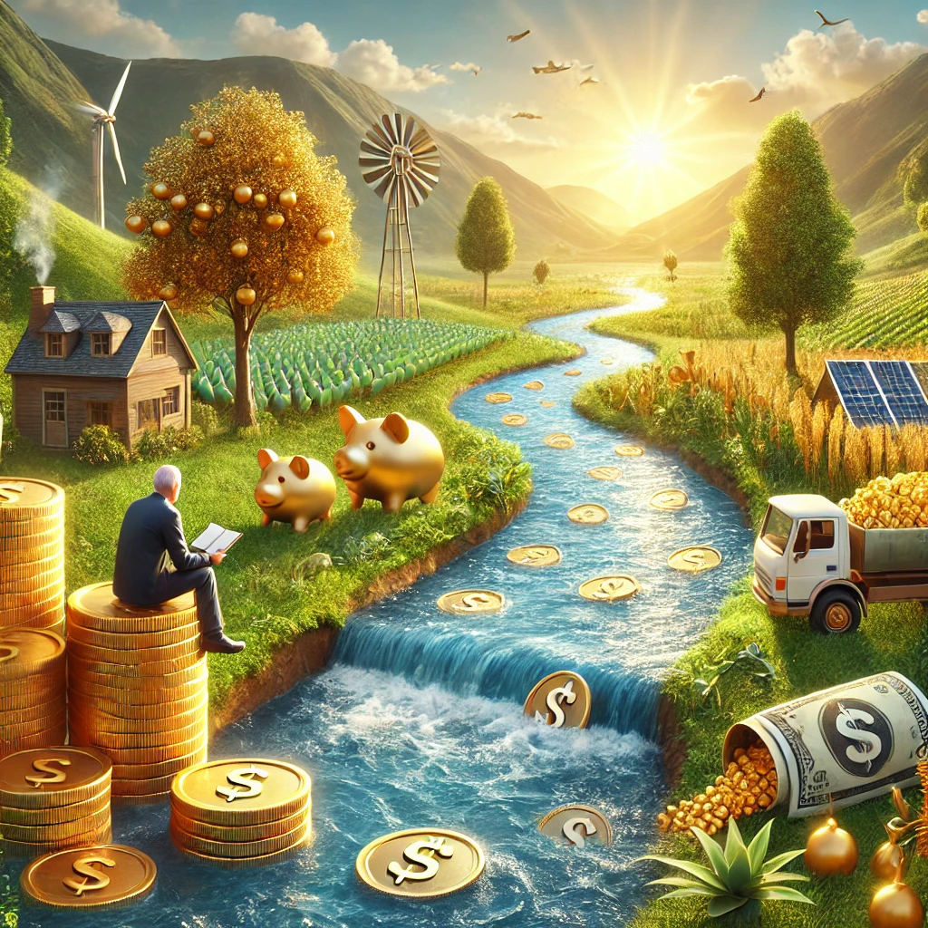 DALL·E 2025-01-14 22.22.44 – A realistic and motivational illustration showing the concept of ‘True Wealth_ Building an Income That Flows Forever.’ The scene features a serene and