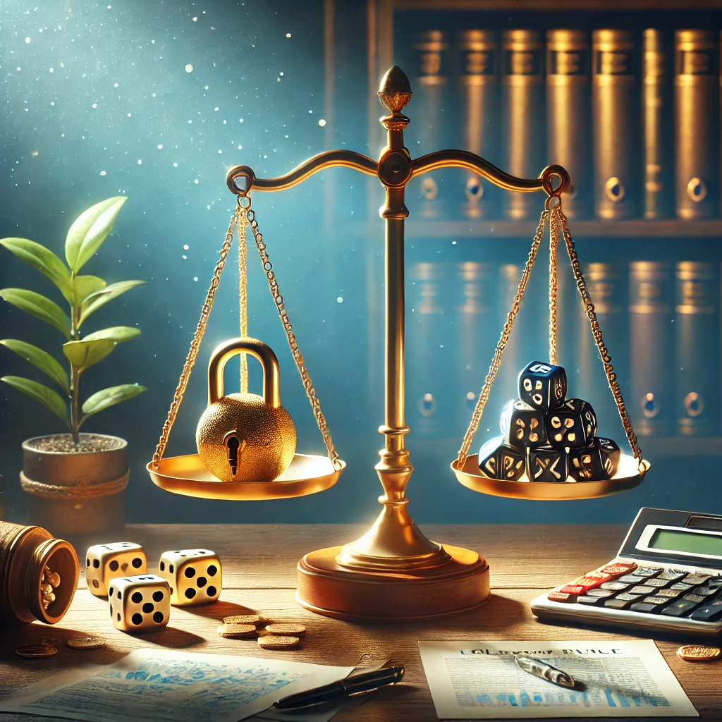 DALL·E 2025-01-14 22.33.07 – A realistic and motivational illustration emphasizing ‘The Golden Rule of Investment_ Security Over Speculation.’ The image features a symbolic balanc