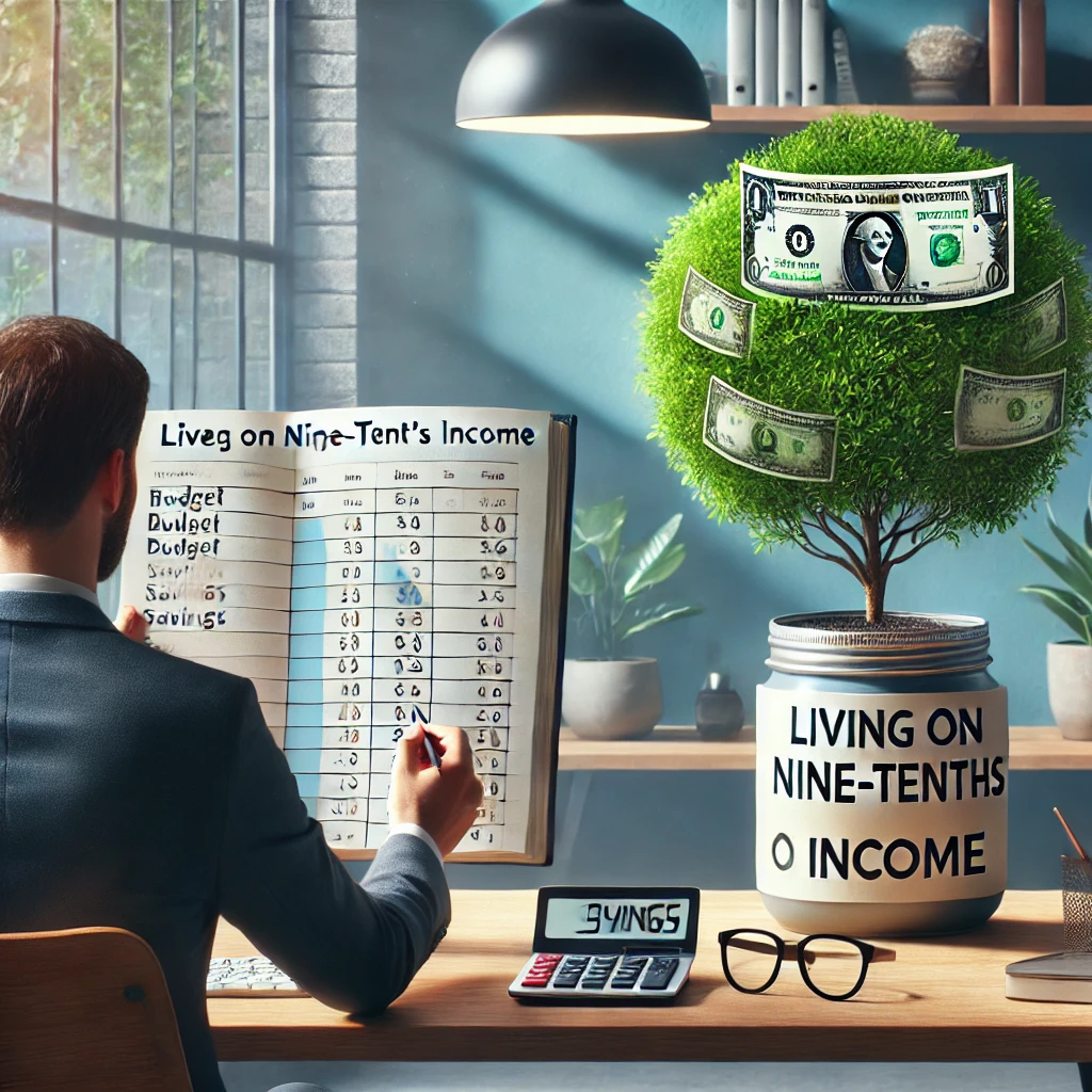 DALL·E 2025-01-14 22.45.09 – A realistic and motivational illustration emphasizing the concept of living on nine-tenths of one’s income and investing the rest wisely. The scene fe