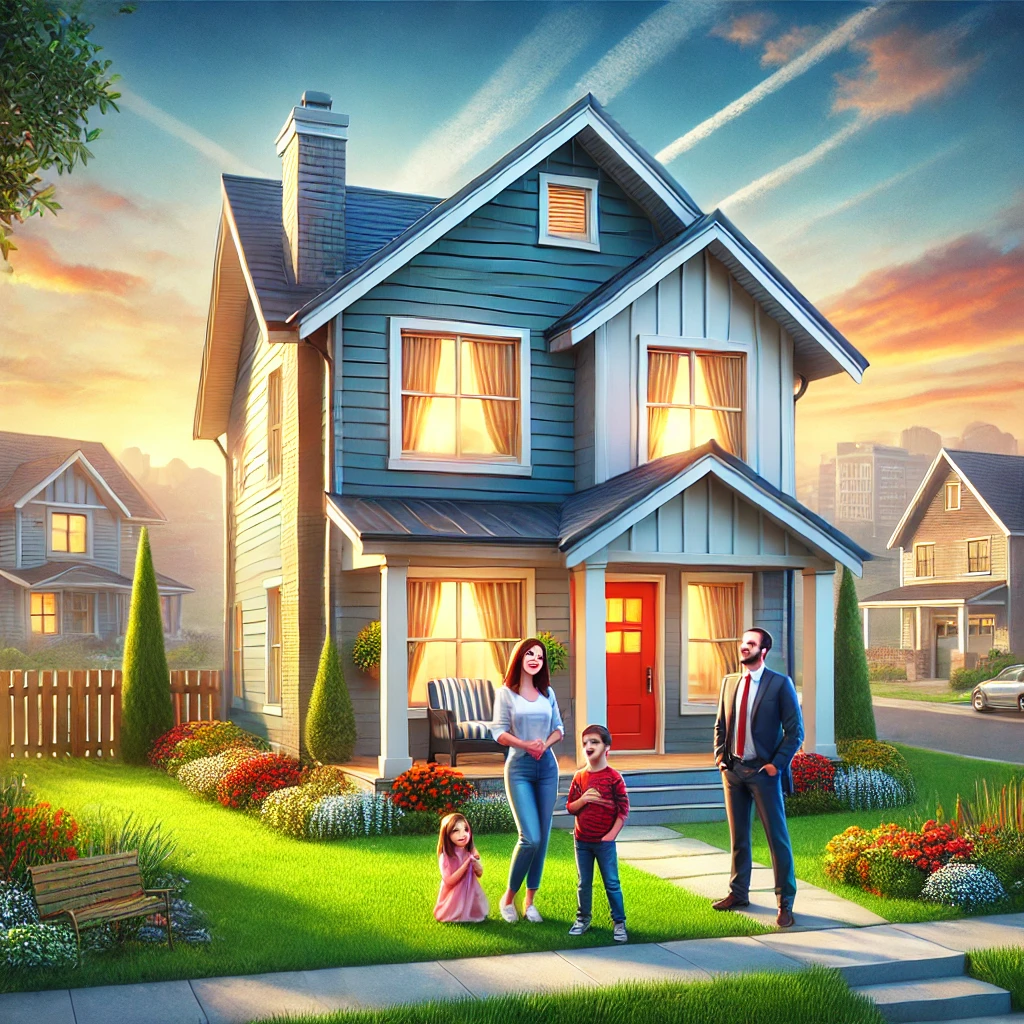 DALL·E 2025-01-14 22.48.24 – A realistic and motivational illustration that emphasizes the importance of owning a home for financial freedom and life’s pleasures. The image shows