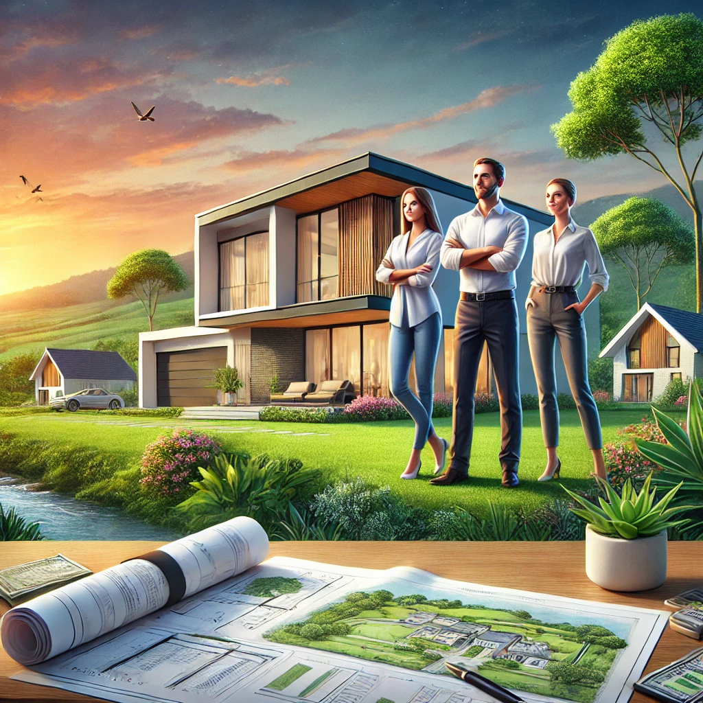 DALL·E 2025-01-14 22.54.28 – A realistic and motivational illustration depicting a family confidently planning their future. They are shown standing beside a modern home surrounde