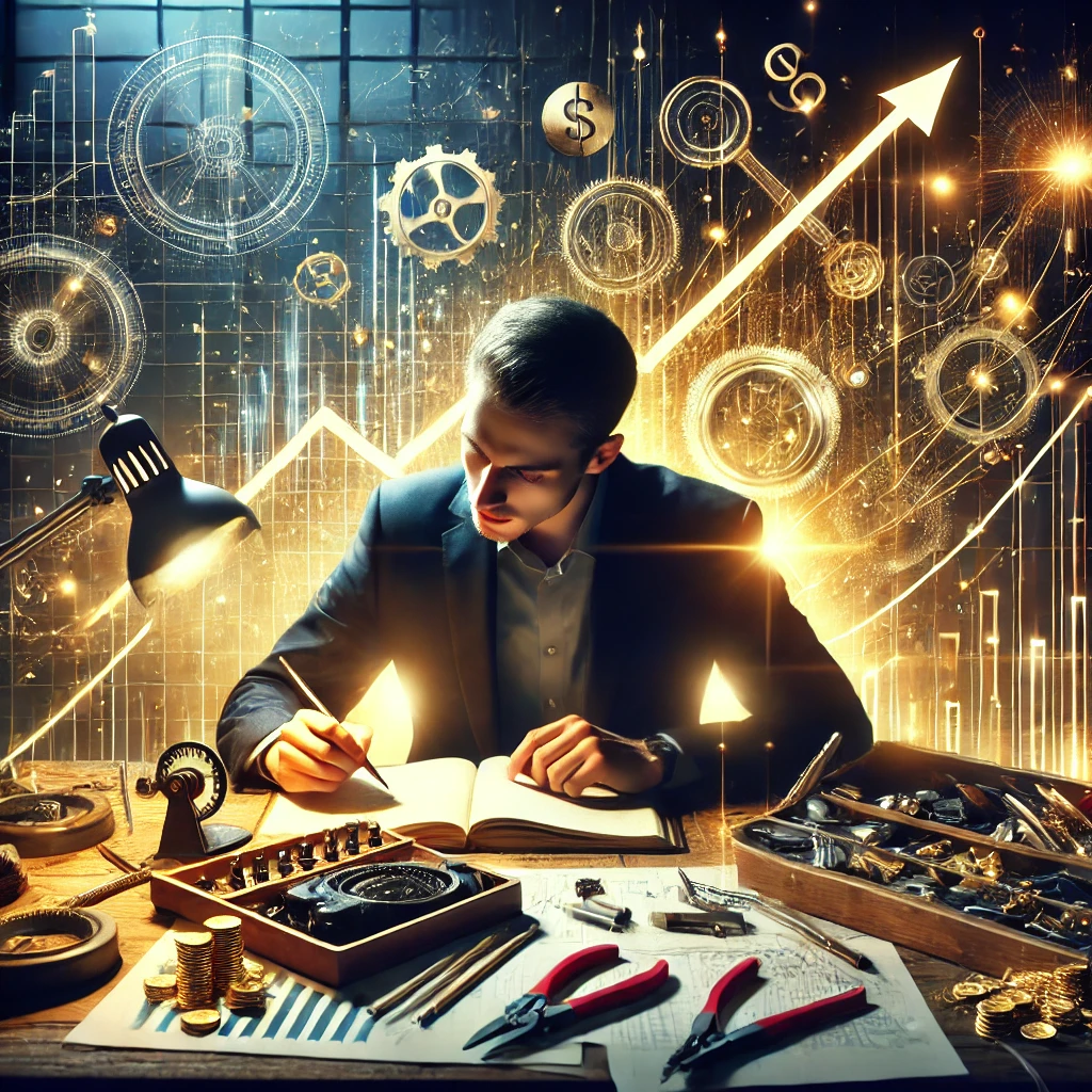 DALL·E 2025-01-14 23.02.45 – A motivational and realistic illustration showcasing a professional passionately mastering their craft, surrounded by tools and elements of their trad