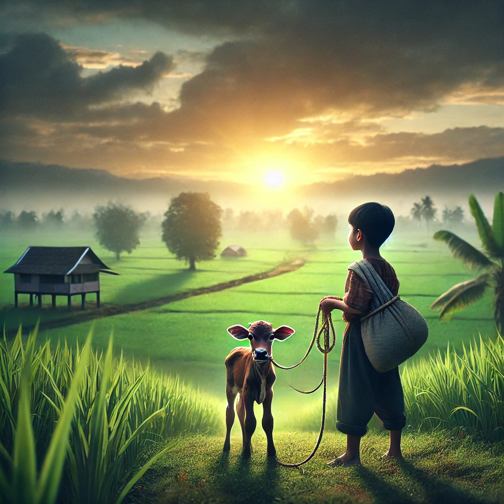 DALL·E 2025-01-15 00.57.09 – A highly realistic and motivational image representing the journey of building wealth from humble beginnings. The scene features a young boy standing