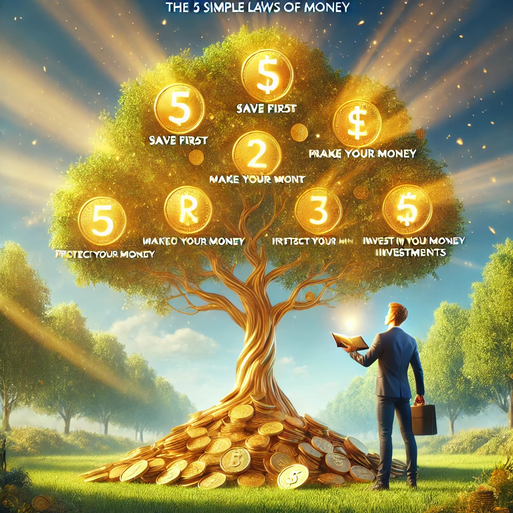 DALL·E 2025-01-15 01.01.24 – A highly realistic and motivational image representing ‘The 5 Simple Laws of Money_ A Guide to Financial Success.’ The image features a dynamic scene