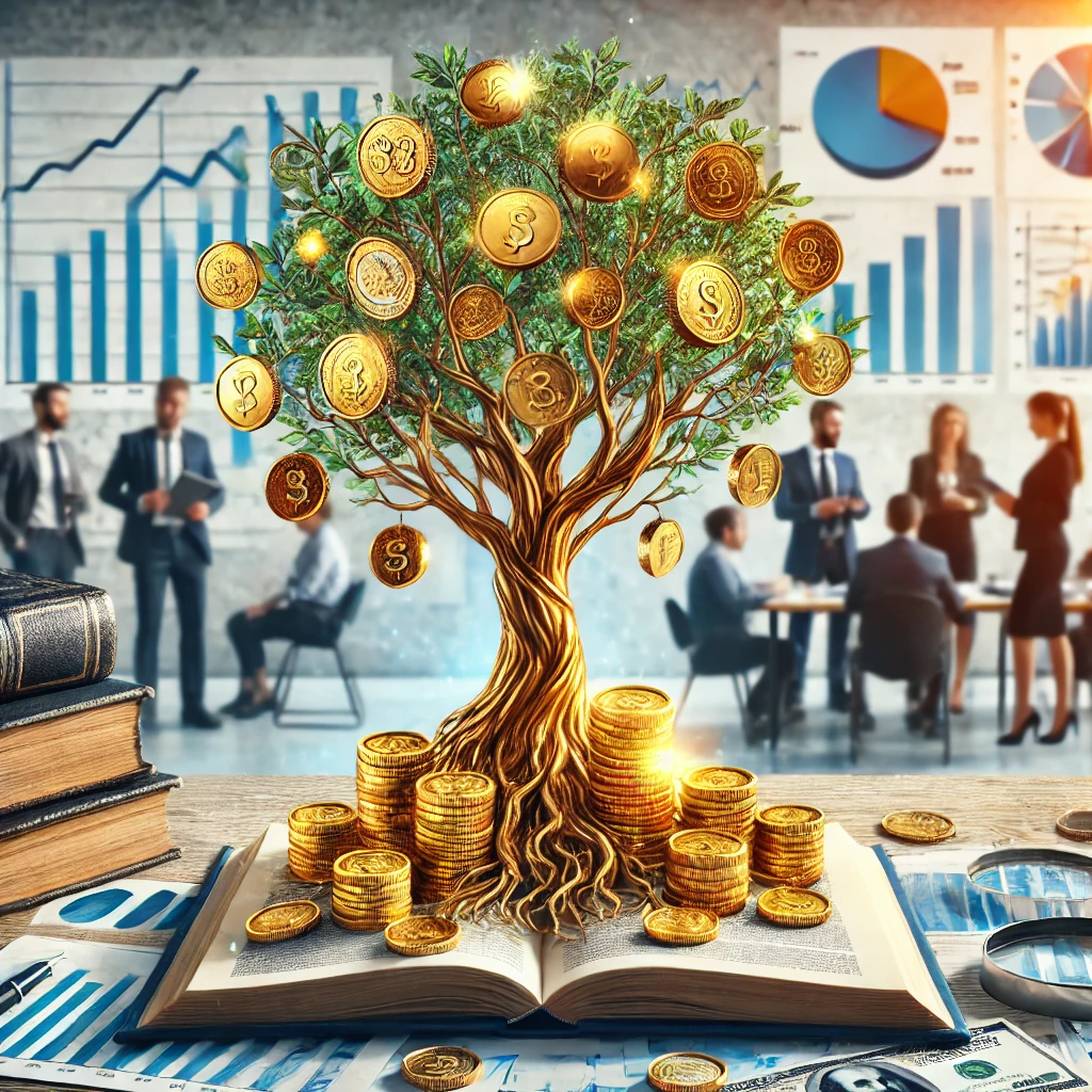 DALL·E 2025-01-15 01.30.17 – A motivational and realistic illustration symbolizing the concept of smart investment. The image features a tree with golden coins as leaves, symboliz