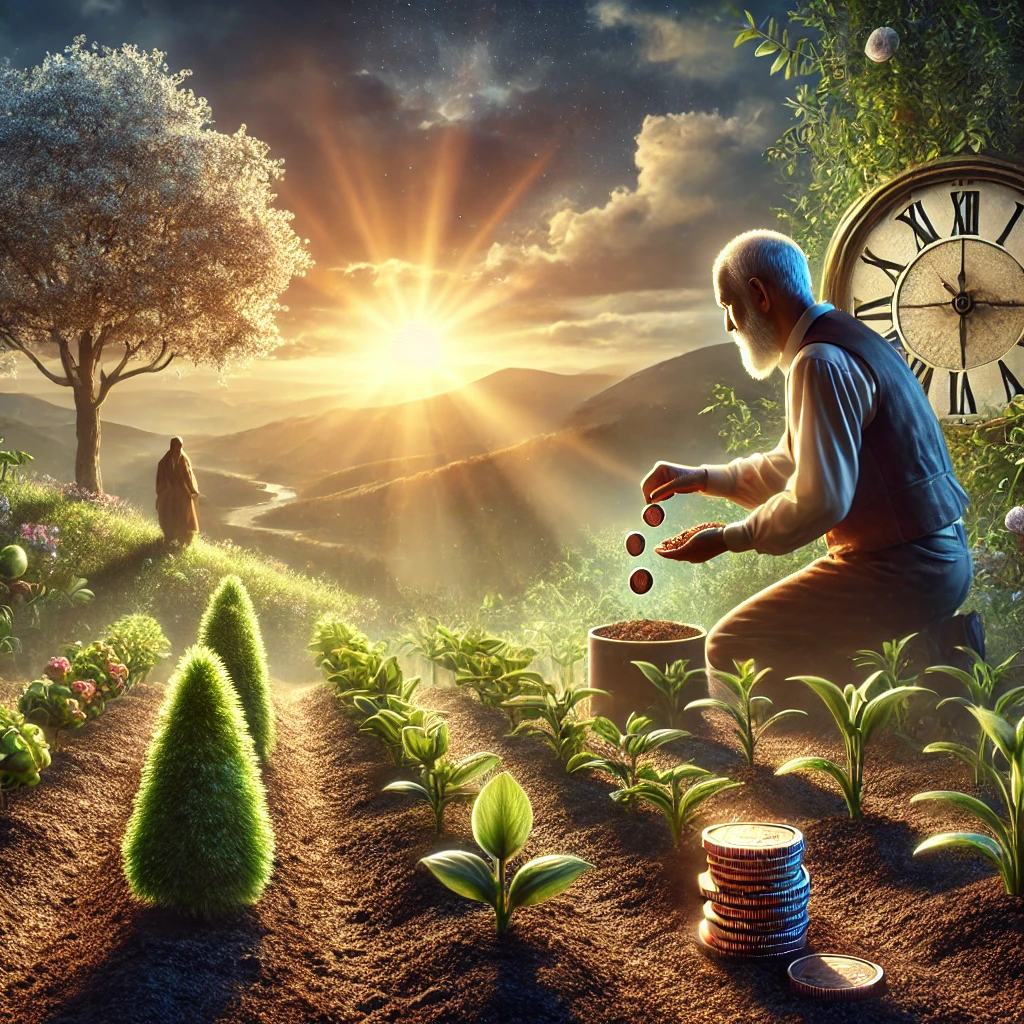 DALL·E 2025-01-15 01.35.14 – A realistic and motivational image representing the concept of lasting wealth built through patience and knowledge. The scene shows a wise, thoughtful