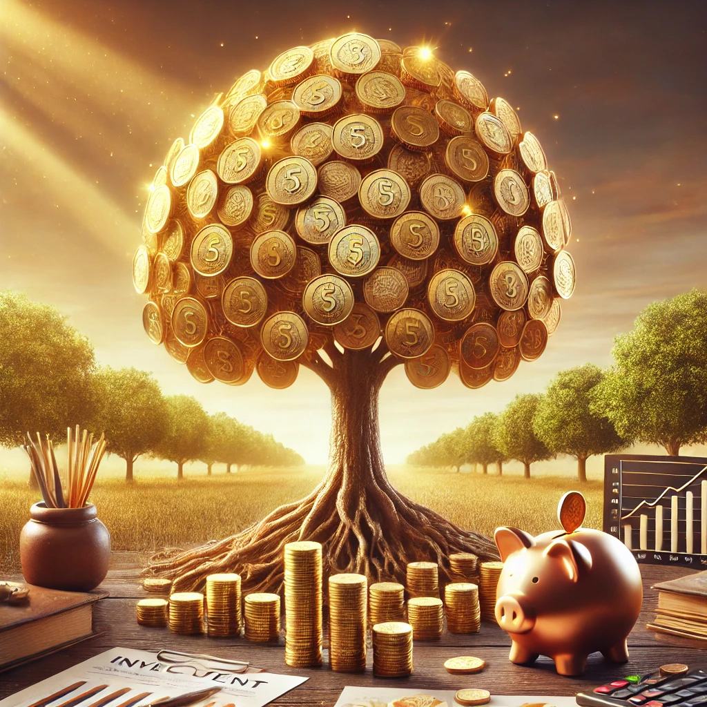 DALL·E 2025-01-15 01.37.33 – A realistic and motivational image symbolizing the concept of building wealth through saving and investing. The image features a growing tree made of