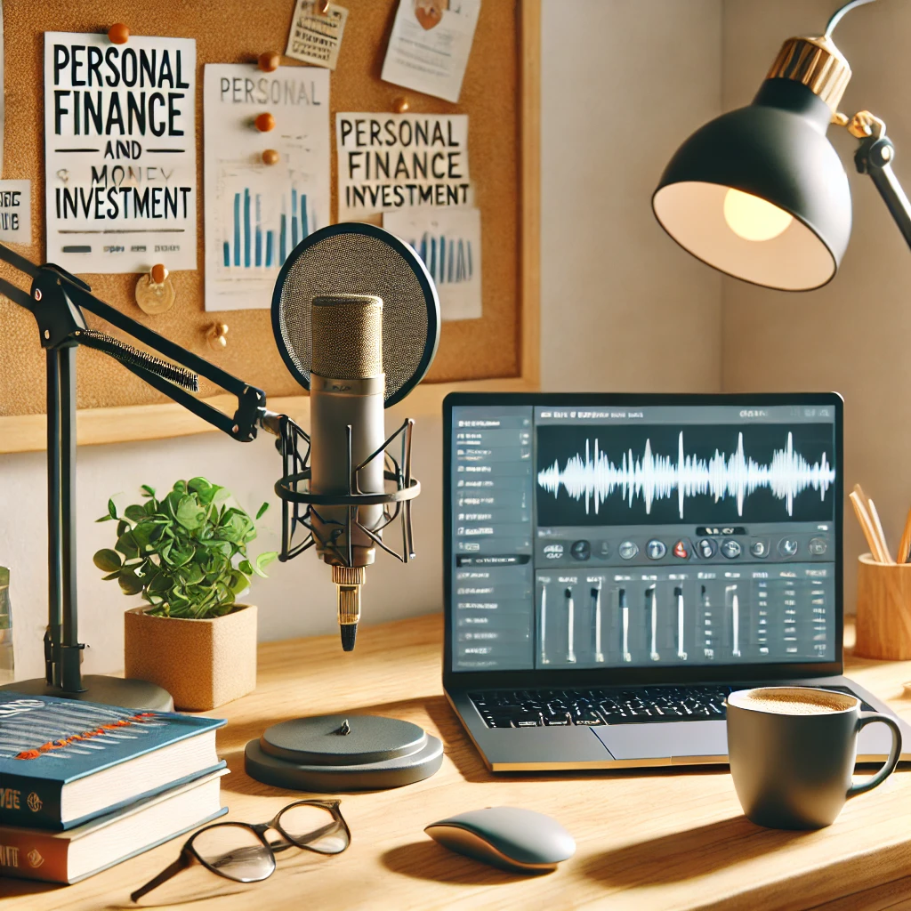 A realistic image of a cozy podcast recording setup in a modern home office. A microphone is on a wooden desk, connected to a laptop displaying audio