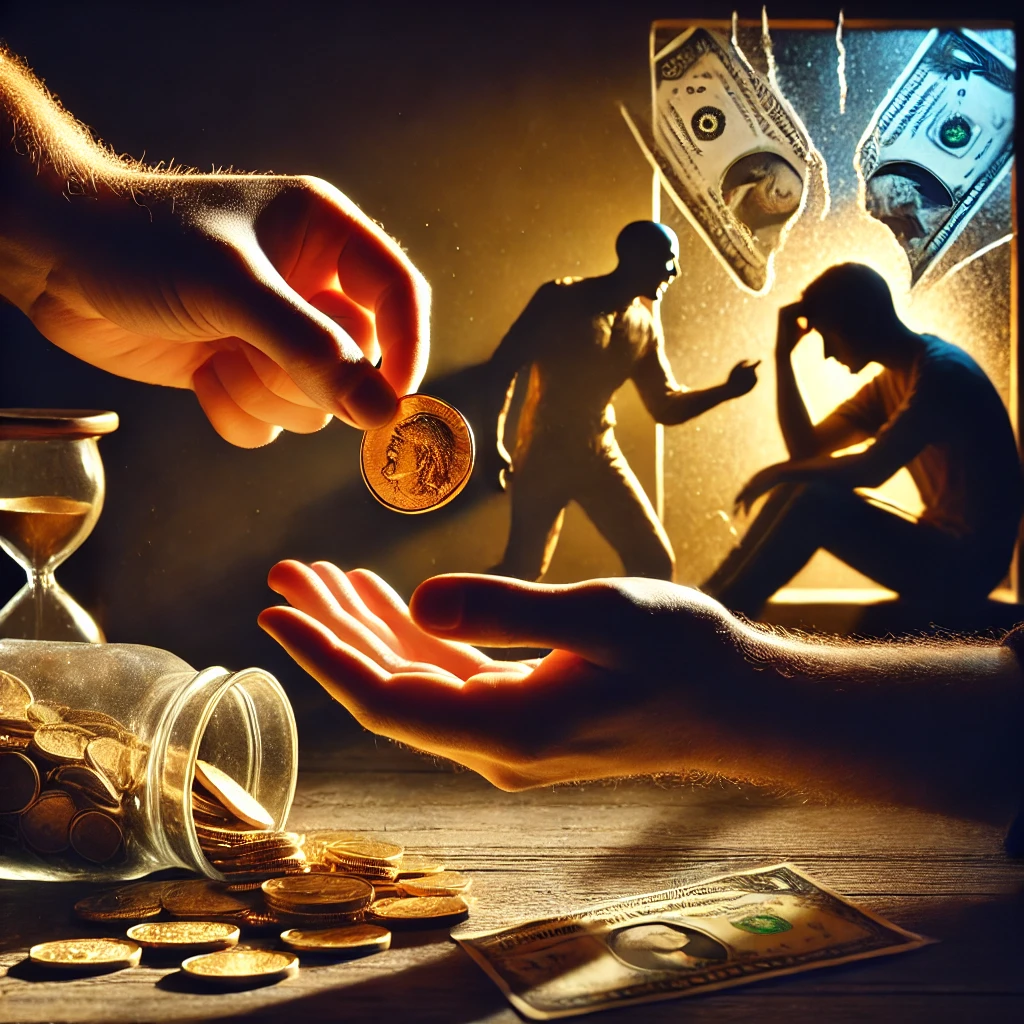 DALL·E 2025-01-15 01.43.13 – A thought-provoking scene symbolizing the risks of lending money to friends in emotional distress. The image shows a close-up of two hands exchanging