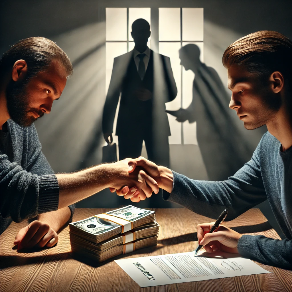 DALL·E 2025-01-15 01.47.23 – A symbolic and realistic image emphasizing the theme of lending money wisely to avoid regret. The image depicts two individuals shaking hands over a t