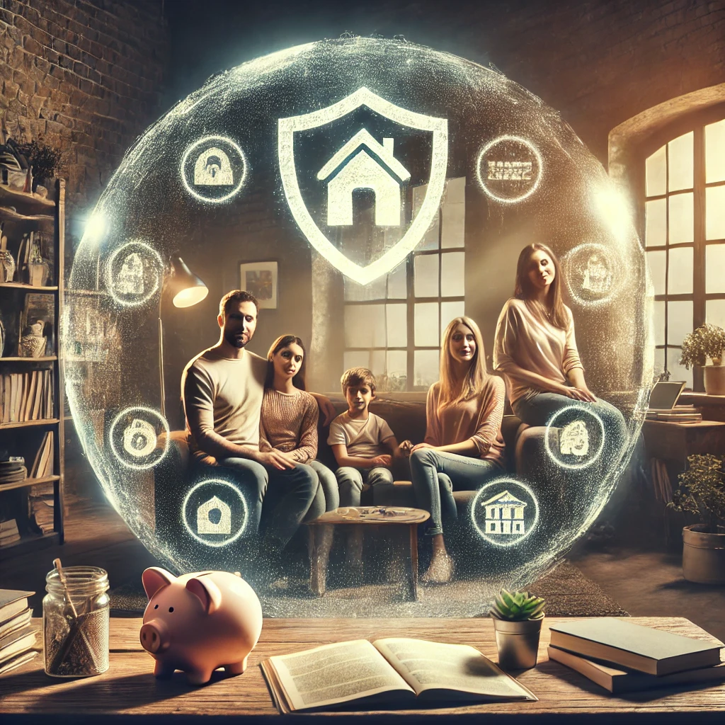 DALL·E 2025-01-15 02.05.36 – A realistic and visually impactful image emphasizing the importance of financial protection. The scene shows a diverse family sitting together in thei