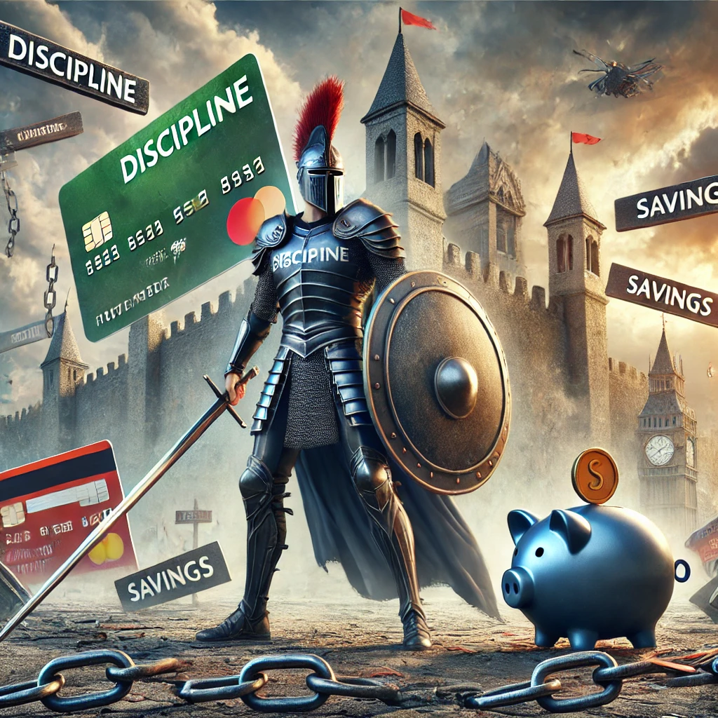 A powerful and inspiring realistic illustration symbolizing a person as a warrior defending their financial kingdom. The figure, dressed as a modern-d