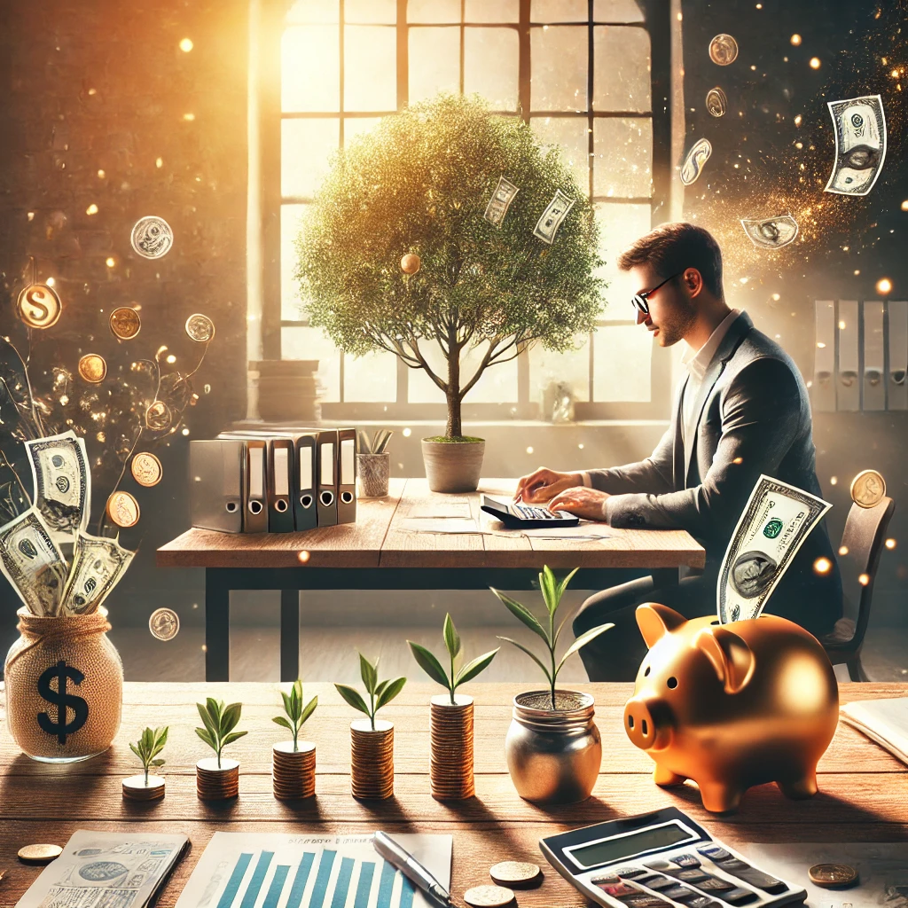 A realistic and motivational scene emphasizing financial stability through disciplined spending. The image shows a serene and focused individual sitti