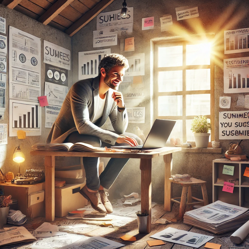 DALL·E 2025-01-16 12.04.31 – A realistic and inspiring image showing a determined entrepreneur sitting in a humble, small workspace, surrounded by sketches, notebooks, and a lapto