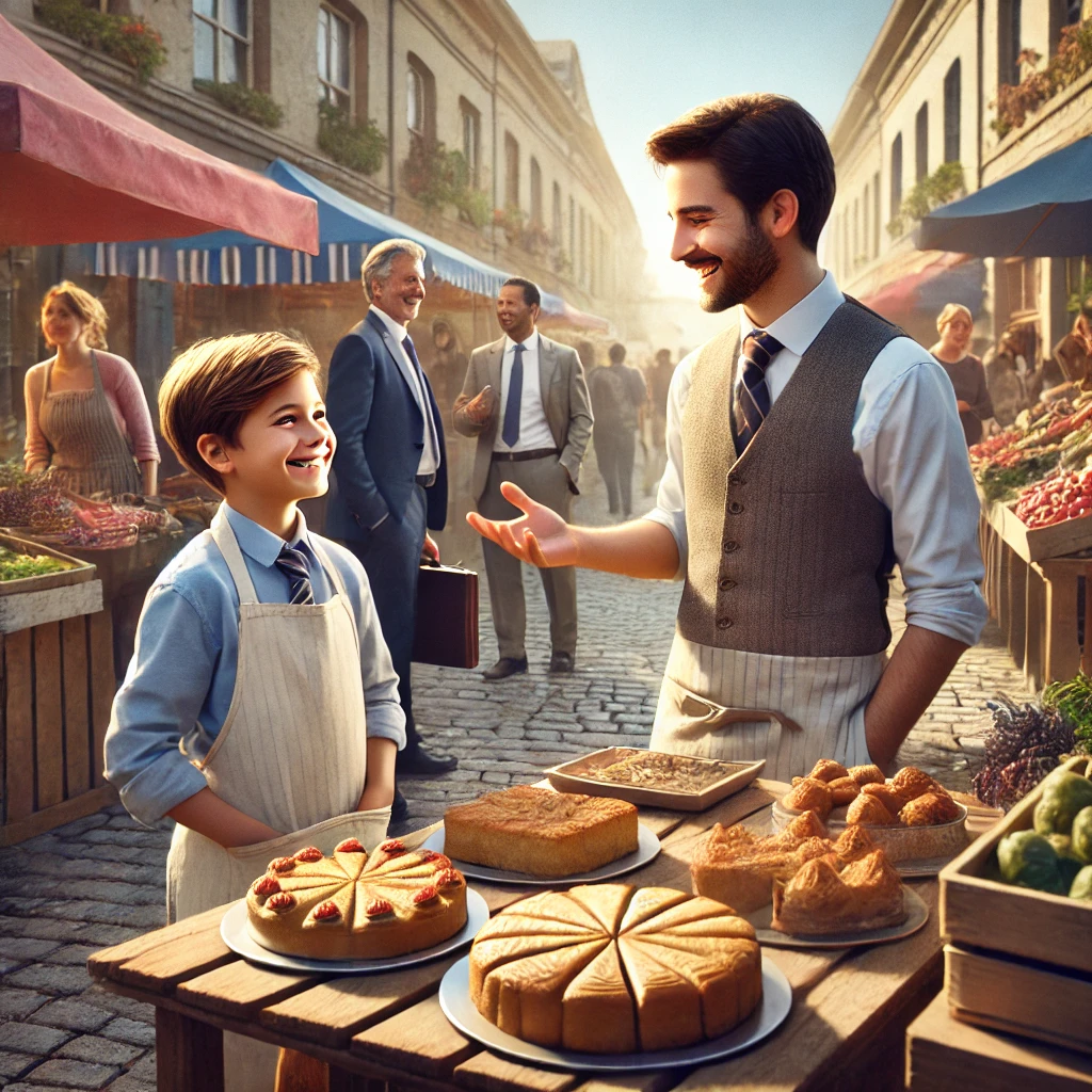 DALL·E 2025-01-16 12.11.21 – A realistic and motivational image of a young boy at a bustling outdoor market, selling freshly baked cakes with enthusiasm and energy. He stands behi