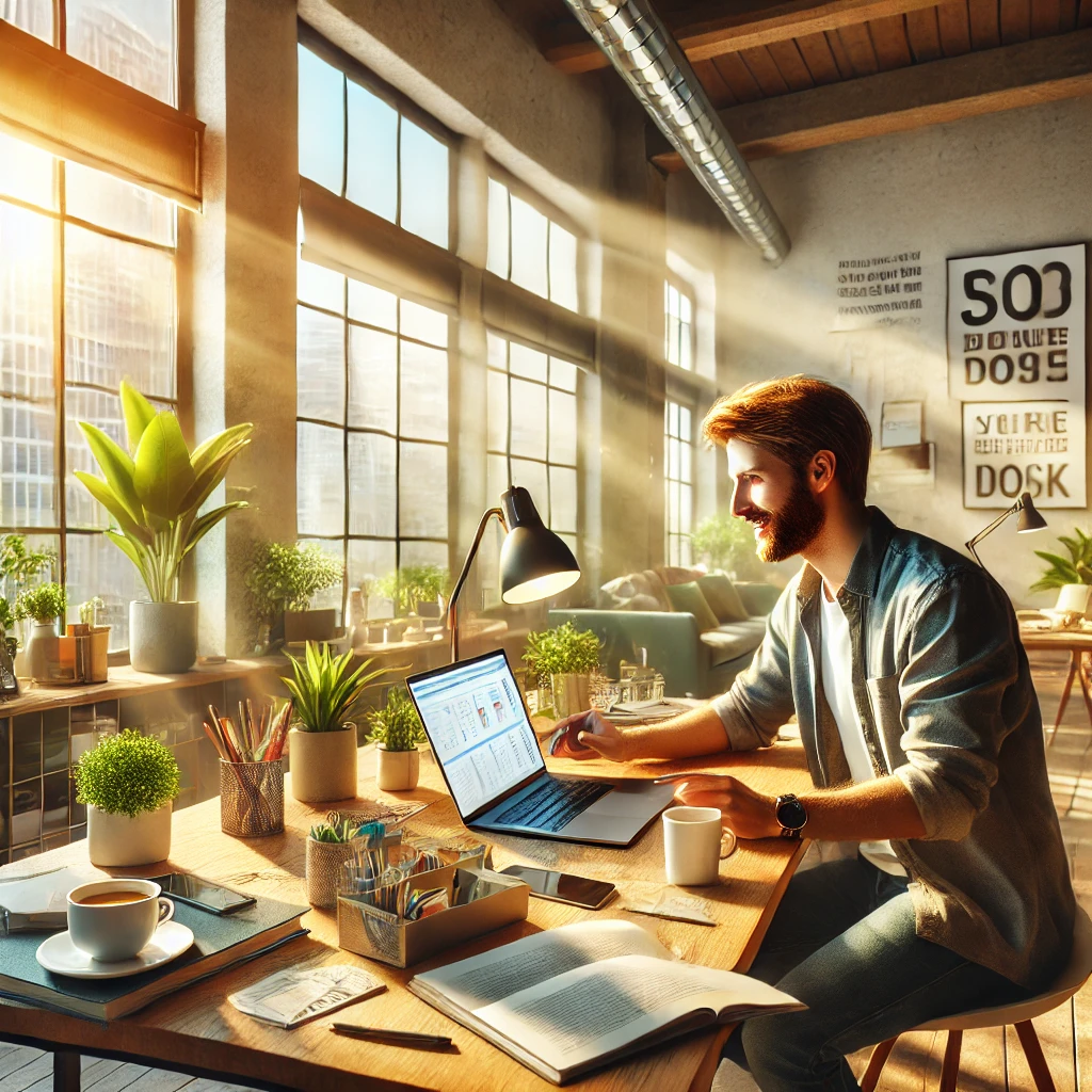 A realistic and motivational image depicting a person in a comfortable and vibrant workspace, deeply engrossed in their work with a genuine smile. The