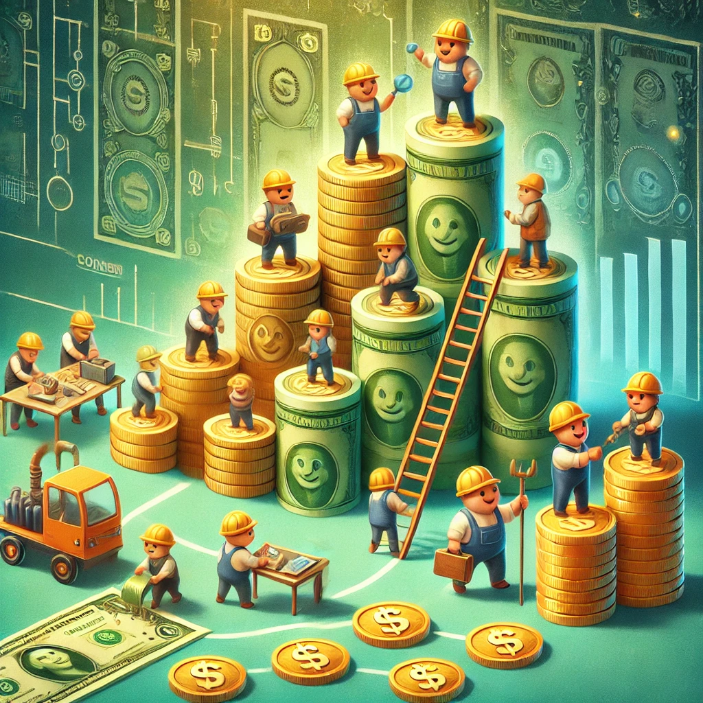 A vibrant and realistic illustration showing the concept of money as tiny workers. Depict stacks of dollar bills and coins as a factory where each dol